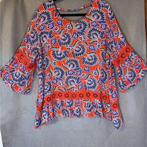 Vibrant Floral Blouse with Bell Sleeves. Excellent Condition.